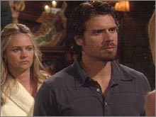 Sharon (Sharon Case) et Nick sont interrompus par Phyllis. Les Feux de l'Amour, épisode 4934 (29 juillet 2008, RTS)