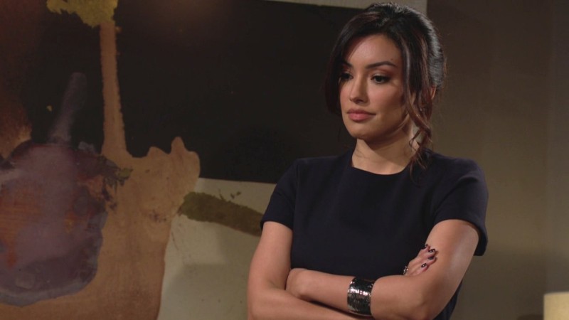Audra (Zuleyka Silver) ne se laisse pas impressionner par Tucker. Les Feux de l'Amour, épisode 12533 (13 janvier 2023, CBS)