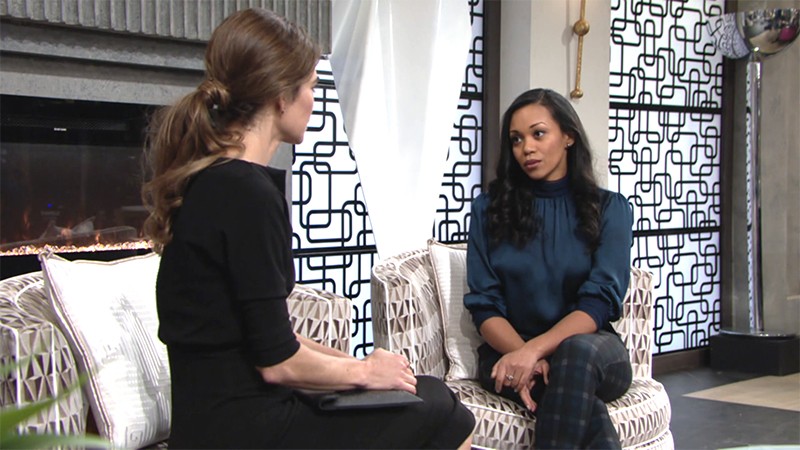 Amanda (Mishael Morgan) s'entretient avec Victoria. Les Feux de l'Amour, épisode 11866 (3 février 2020, CBS)