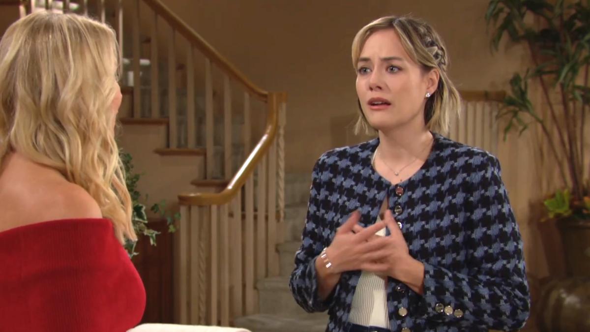 Hope (Annika Noelle) est sous le choc en apprenant la nouvelle pour Eric. Amour, Gloire et Beauté/Top Models, épisode 9149 (15 novembre 2023, CBS)