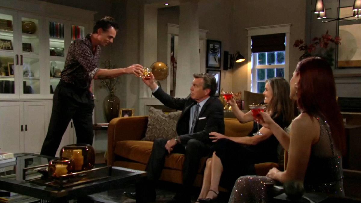 Billy (Jason Thompson) trinque avec ses proches à son futur succès. Les Feux de l'Amour, épisode 13072 (3 mars 2025, CBS)