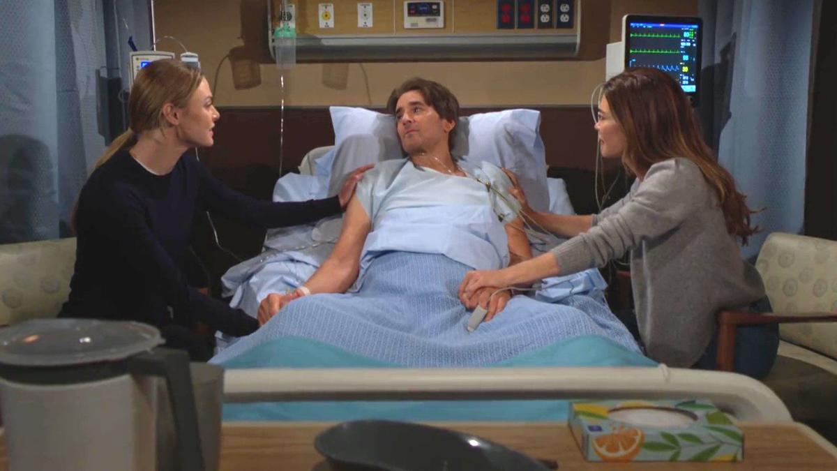 Cole (J. Eddie Peck) fait ses adieux à Claire (Hayley Erin) et Victoria (Amelia Heinle). Les Feux de l'Amour, épisode 13158 (3 juillet 2025, CBS)