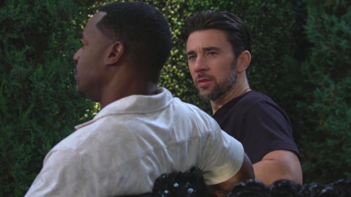 Damian (Jermaine Rivers) et Cane (Billy Flynn) ont plus en commun qu'ils ne le pensaient. Les Feux de l'Amour, épisode 13165 (14 juillet 2025, CBS)