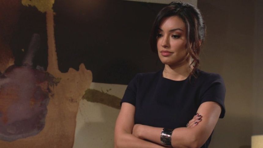 Audra (Zuleyka Silver) ne se laisse pas impressionner par Tucker. Les Feux de l'Amour,
épisode 6860 (14 juillet 2025,
AUVIO)