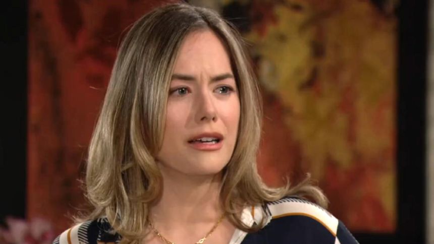 Hope (Annika Noelle) en a gros sur le cœur. Amour, Gloire et Beauté/Top Models,
                     épisode 9491 (27 mars 2025,
CBS)