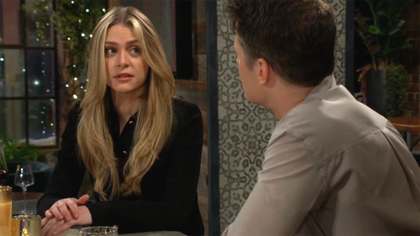 Claire (Hayley Erin) se confie à Kyle au sujet de sa relation avec Holden. Les Feux de l'Amour,
                     épisode 13326 (2 mars 2026,
CBS)